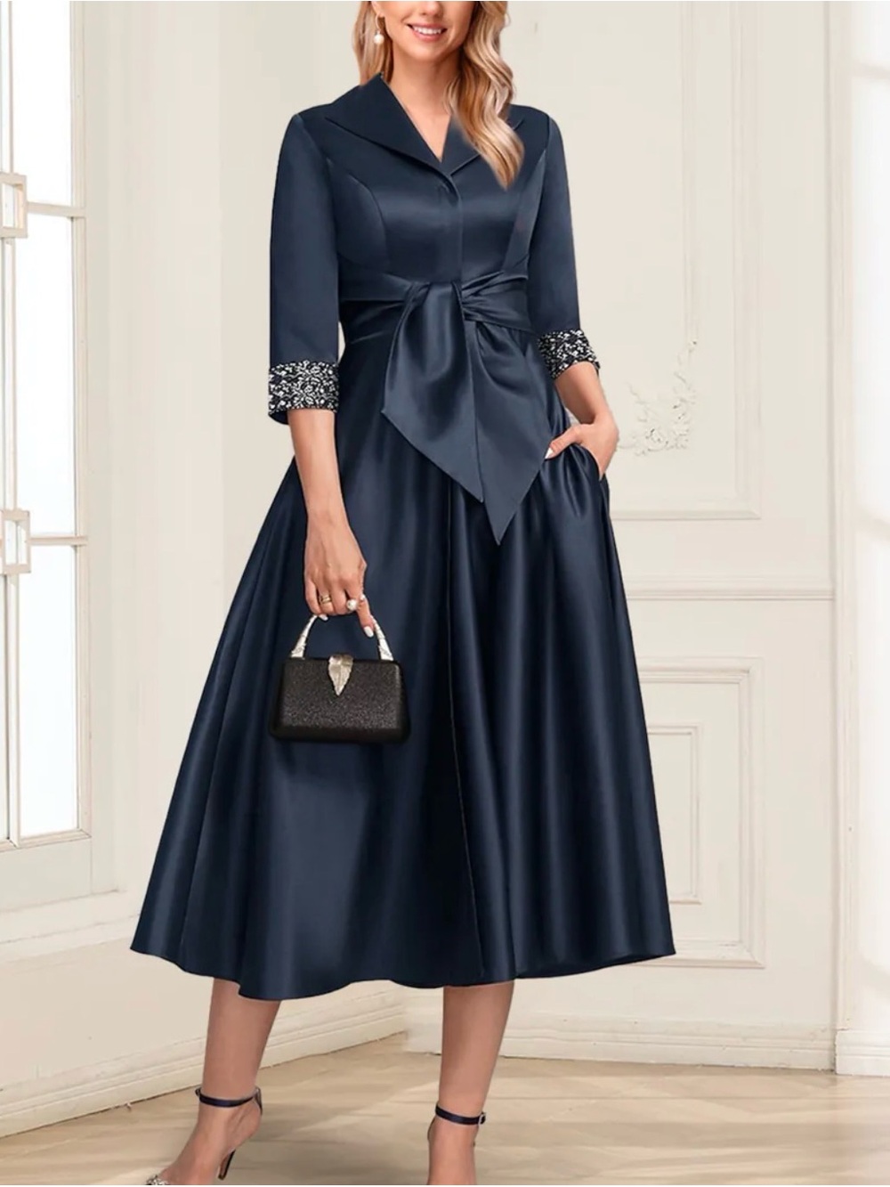 Navy Satin Midi Dress with Bow-Waist Detail